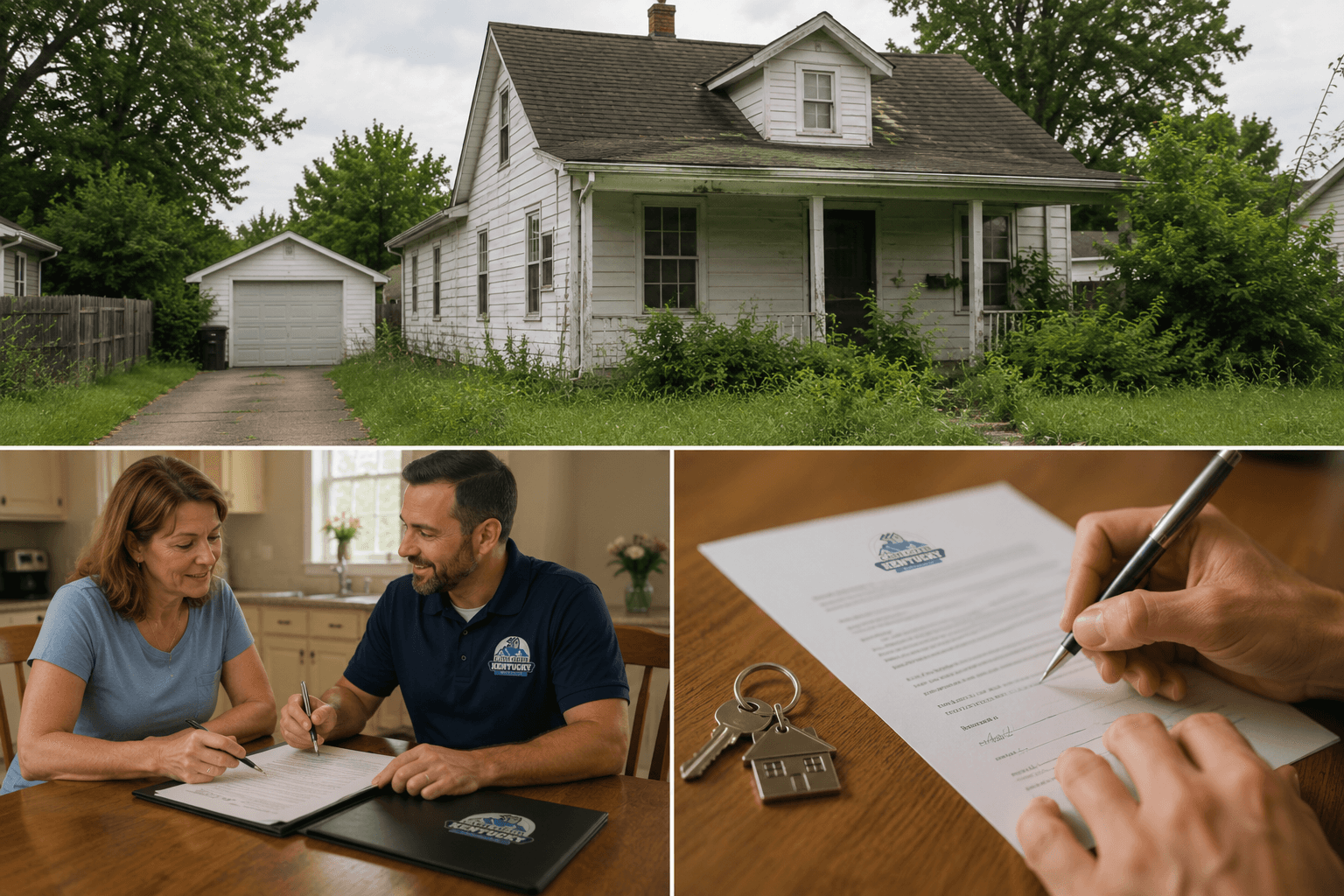 Older house with overgrown yard alongside home selling consultation and signed cash purchase agreement.