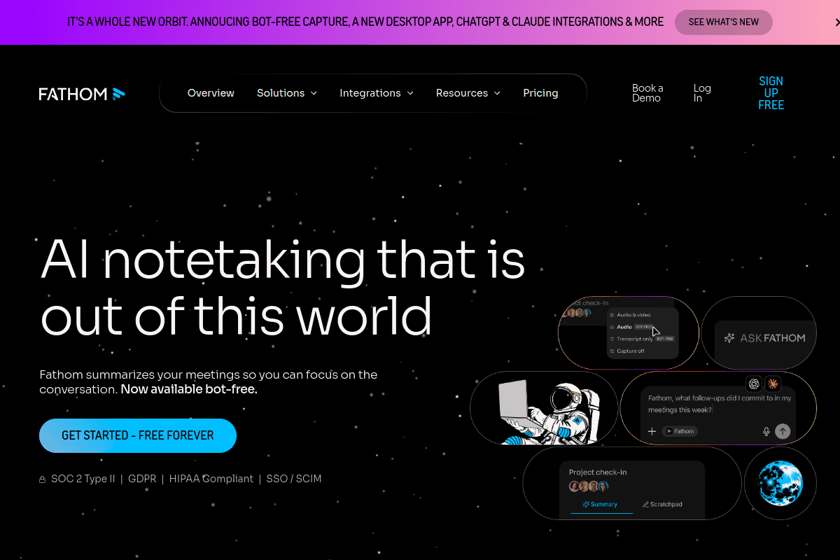 Fathom homepage, AI meeting recorder with a generous free tier