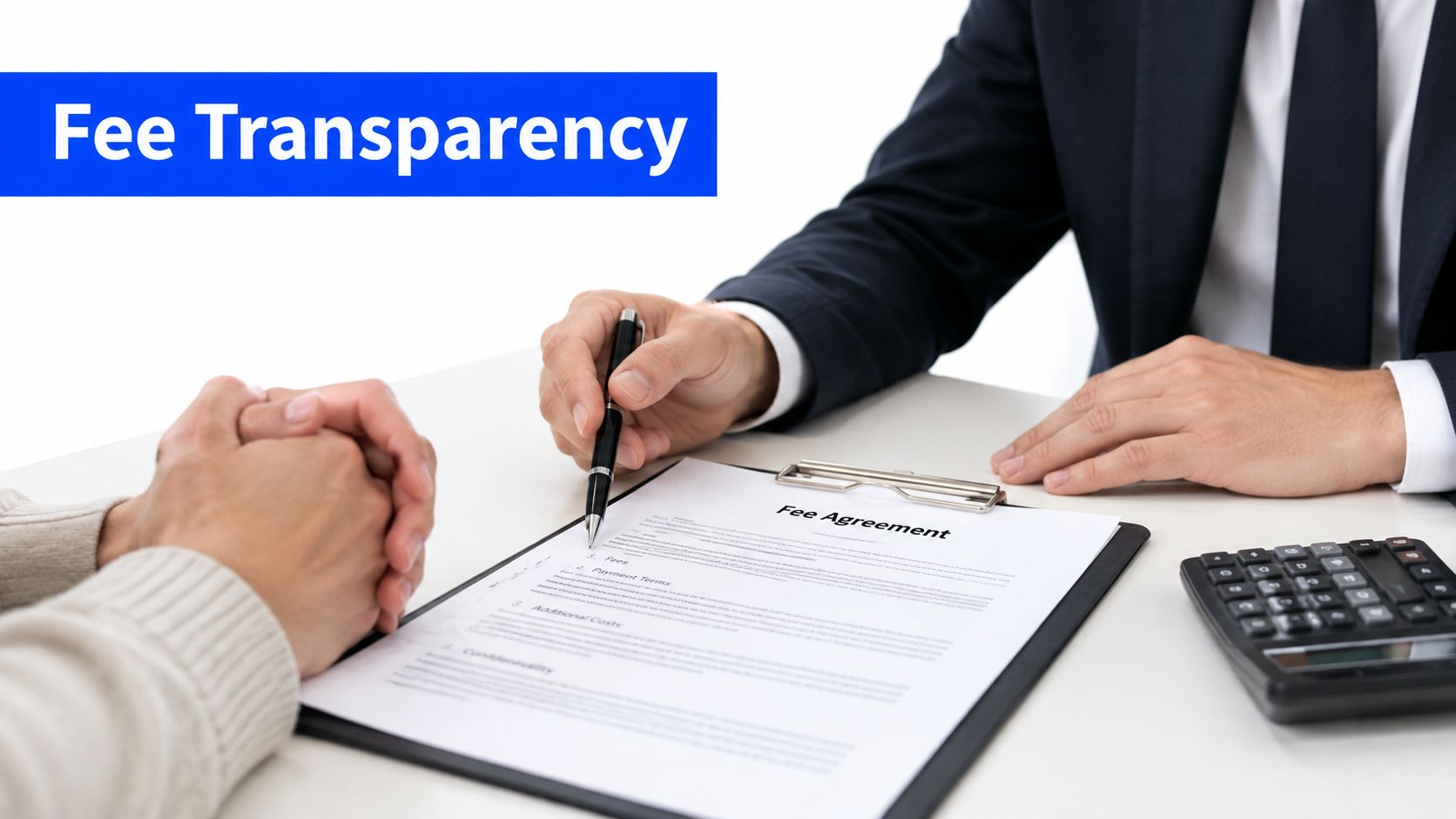 A professional lawyer reviews a fee agreement document with a client at an office desk.