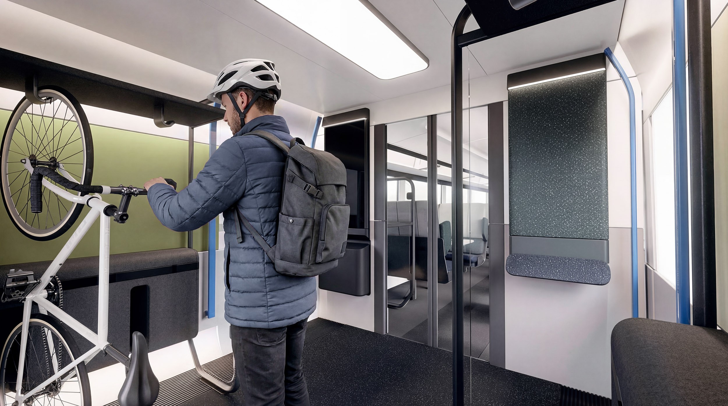 3D render showing design concept for main cabin from the rear of HS2 train