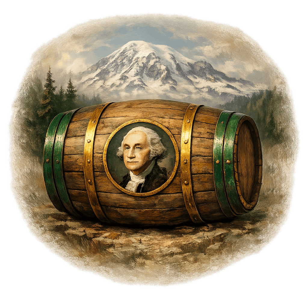 Wine barrel featuring the Washington State national emblem for regional wine education.