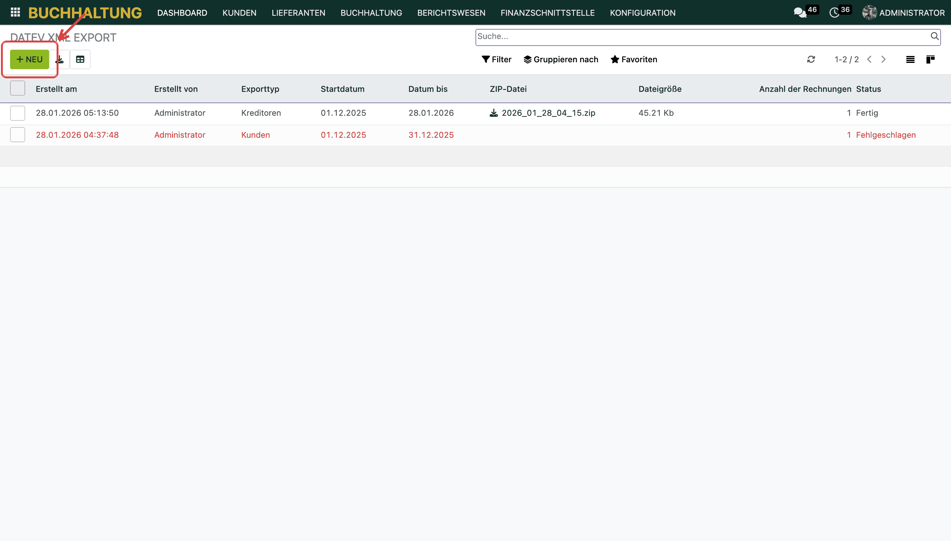 DATEV XML-Export: Liste mit dem Button „Neu“