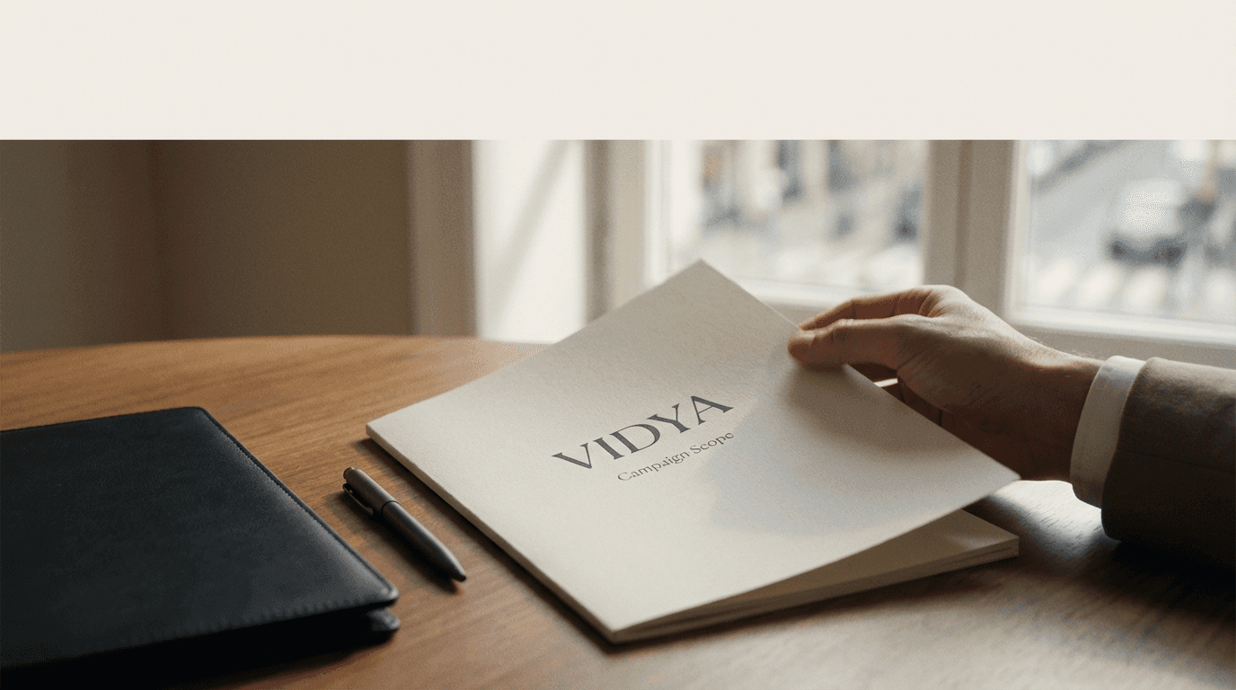 Vidya campaign scope document on a desk during project planning