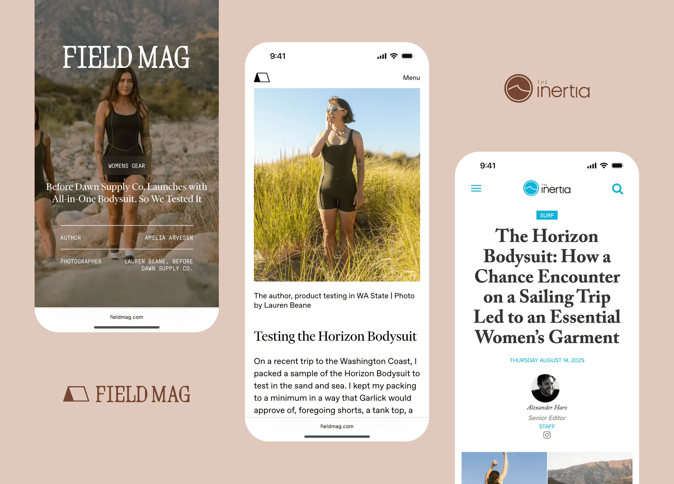 Editorial layout pairing surf photography with the Horizon Bodysuit description