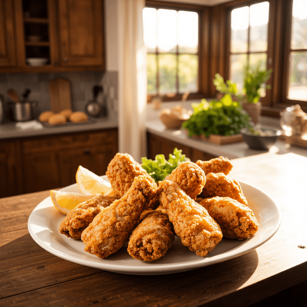 product photography of plate of fried chicken with sides