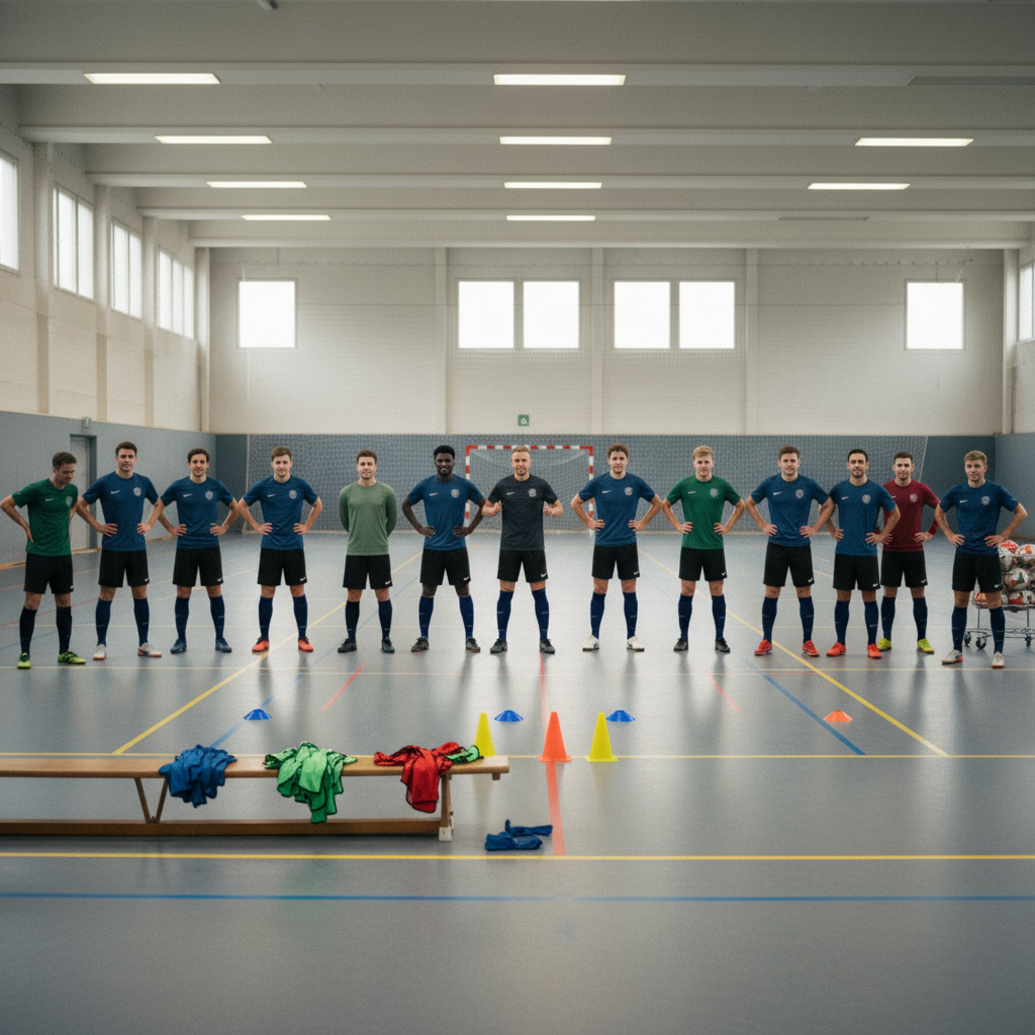 Ein erfahrenes Team stellt sich in einer Reihe auf, der Coach zählt mit ruhigen Gesten an. Auf dem Boden markieren Hütchen Trainingsbahnen, Leibchen liegen sortiert bereit. Ein zweiter Court bleibt reserviert im Hintergrund. Alles wirkt planbar und wiederkehrend.