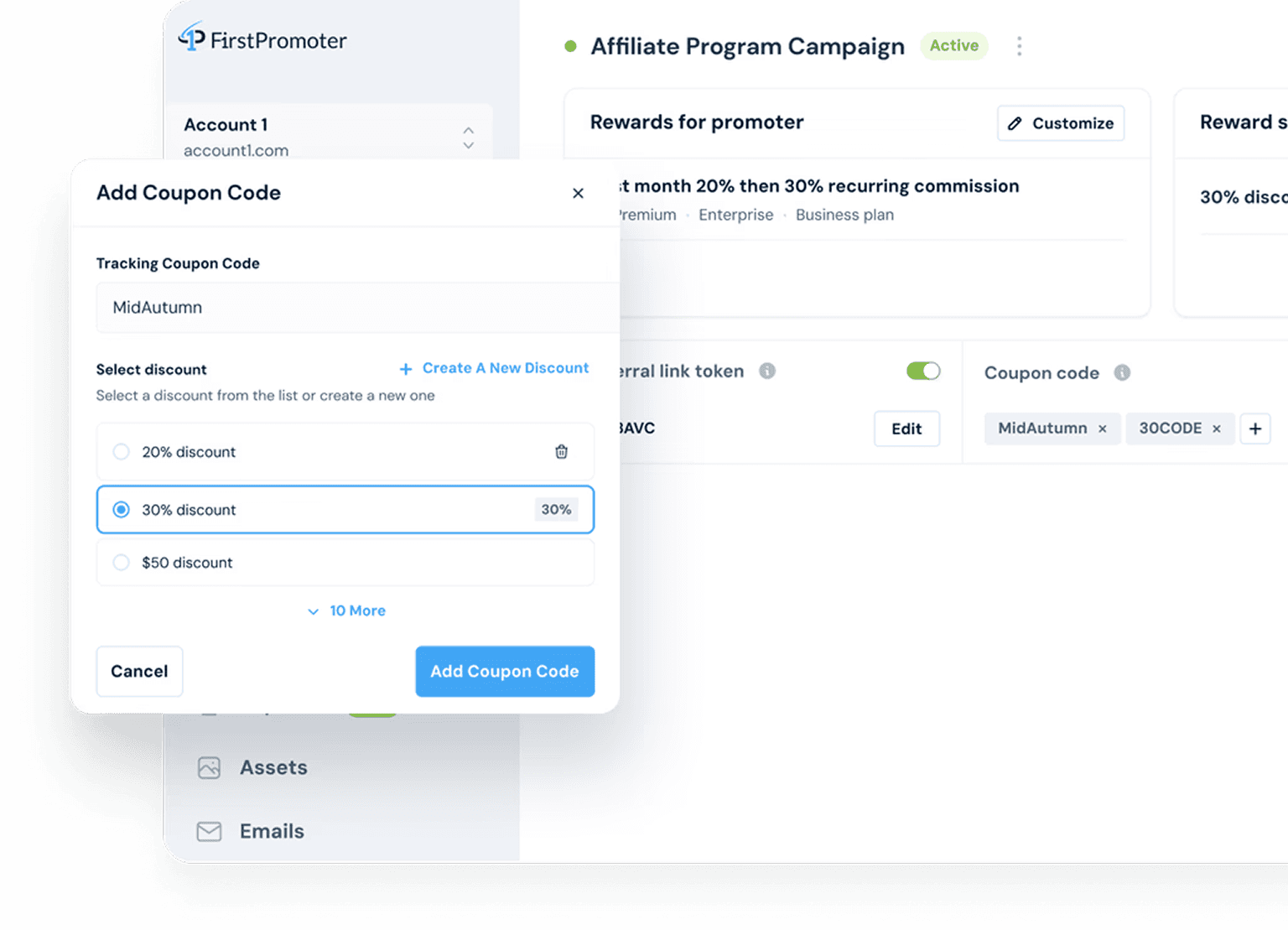 FirstPromoter affiliate program campaign setup showing coupon code tracking alongside a referral link, with tiered commission configuration for multiple pricing plans