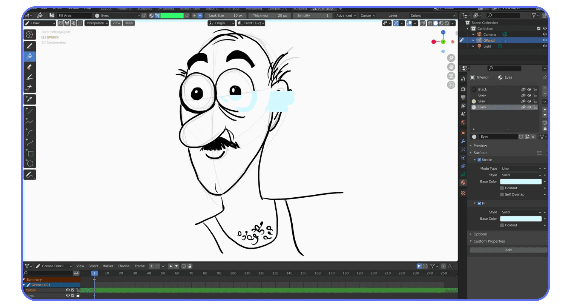 Blender Grease Pencil interface with a hand-drawn cartoon portrait of a man, demonstrating line work and layer organization for 2D animation.