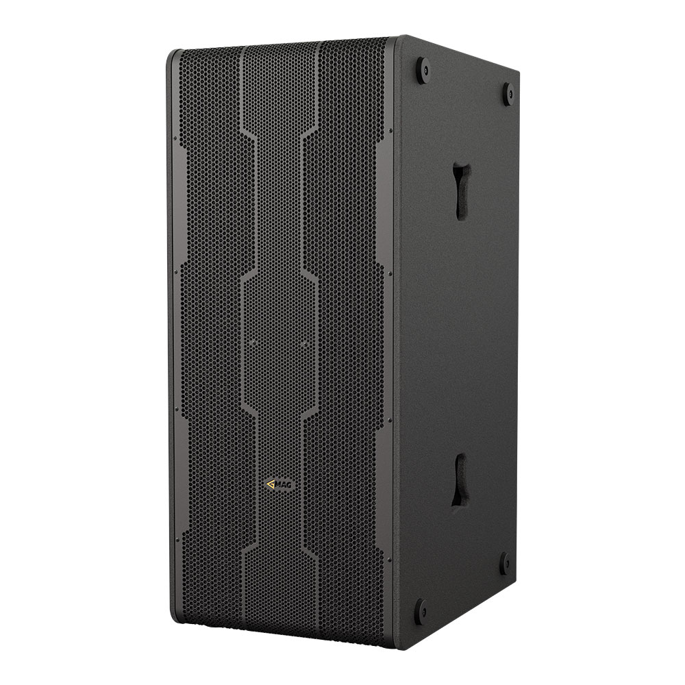 Black subwoofer speaker with front grill and side handles.