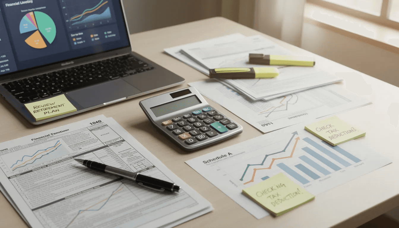 The image features a calculator alongside various tax forms and investment charts, illustrating essential financial planning concepts such as tax deductions, adjusted gross income, and retirement accounts. This setup emphasizes the importance of understanding tax laws and strategies for effective tax savings and retirement savings.