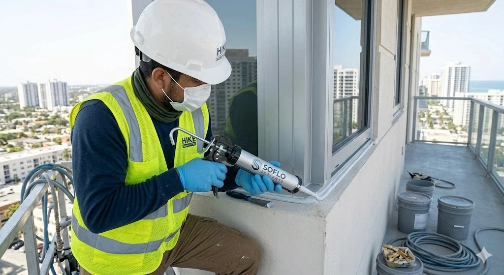 Professional caulking and sealant replacement on a Fort Lauderdale building exterior — Planet Construction FL
