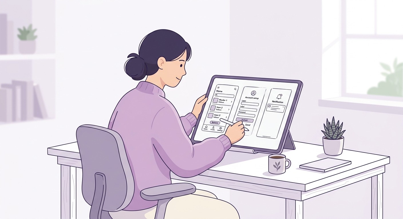 Illustration of a person drawing wireframes on a tablet with simple app screens displayed.