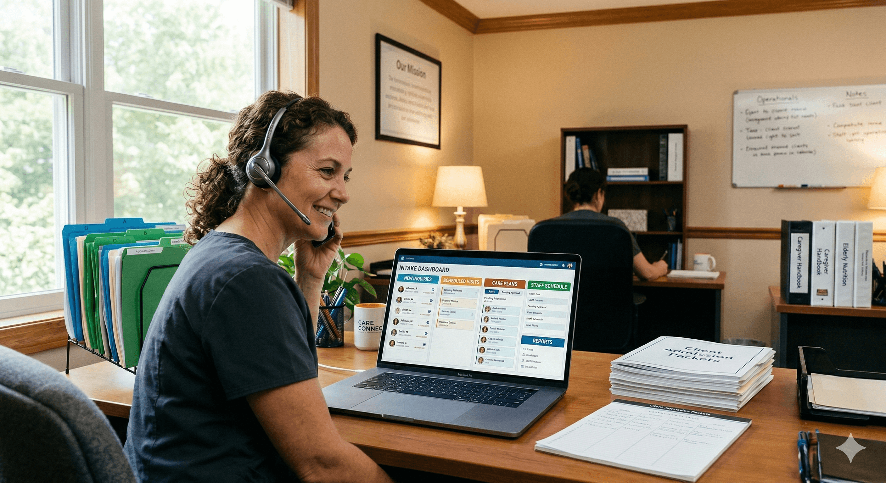 1. A friendly home care agency office with a caregiver on the phone, a laptop screen showing an organized intake dashboard with clear labels like “New Inquiry” and “Care Plan,” neat paperwork on the desk, warm lighting, professional atmosphere.