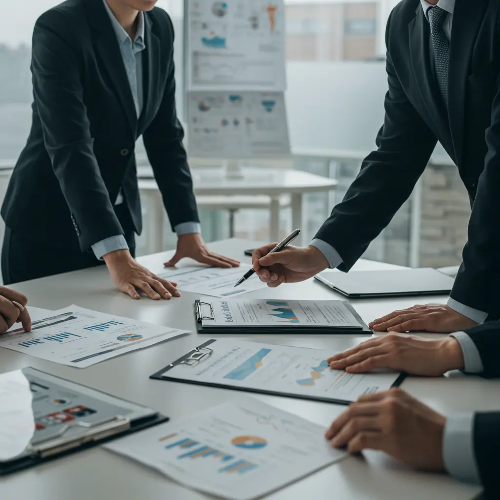 A group of professionals collaborating over documents and a tablet in a modern office setting.