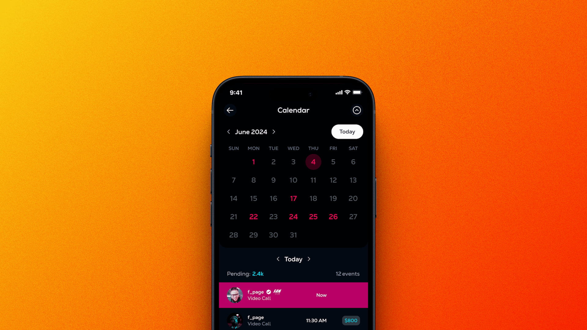 Calendar and scheduling interface in the Calaxy mobile web app, enabling creators to manage paid video calls, events, and bookings within a blockchain-enabled social platform.