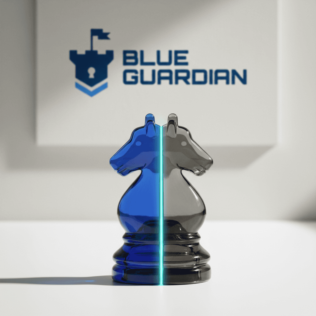 Demo & live trading psychology blend - glass chess knight: blue and gray with teal seam