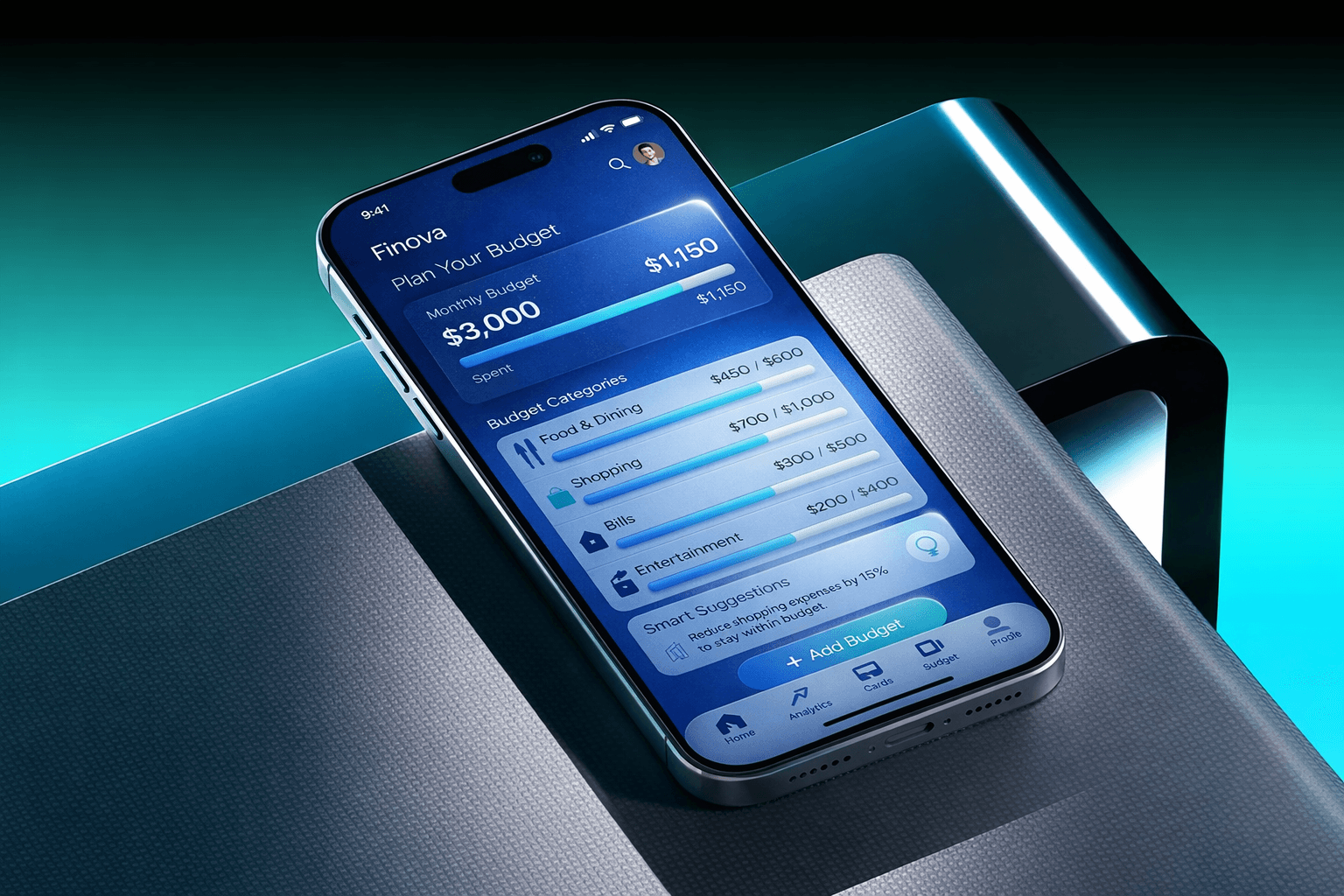 iPhone with budget app Finova showing monthly expenses and budget categories