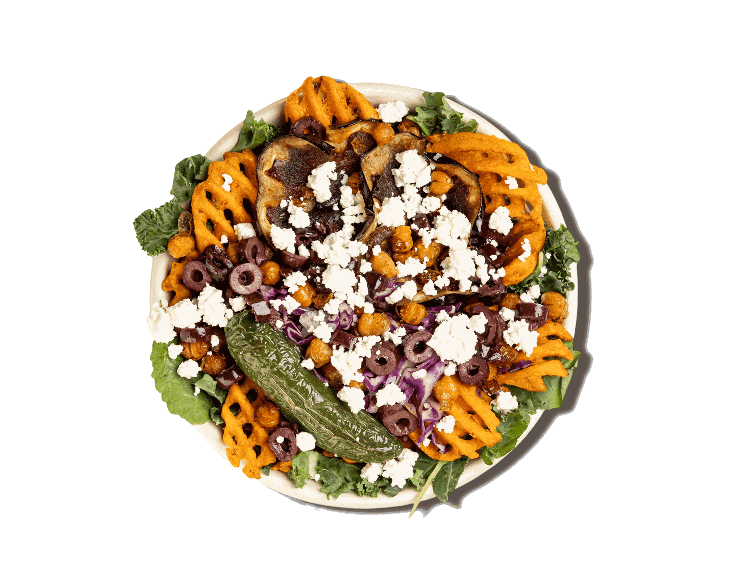 top down shot of a bowl of sweet potato fries with various toppings