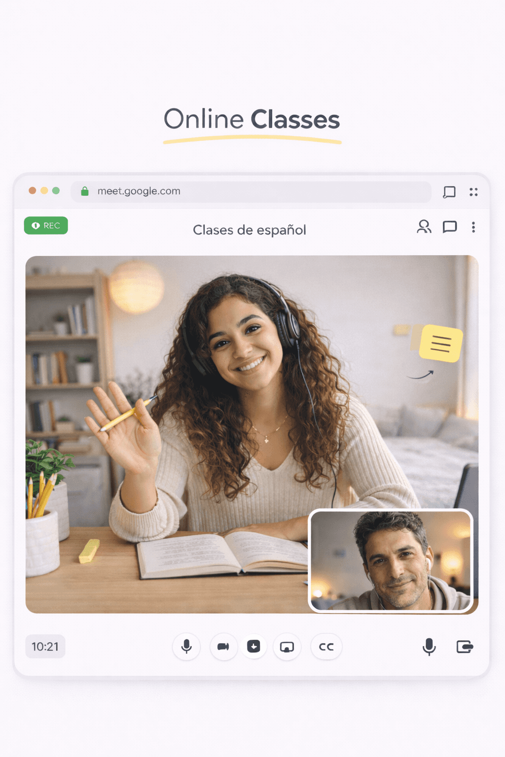 Spanish online classes, a girl say hi in meet to a guy student