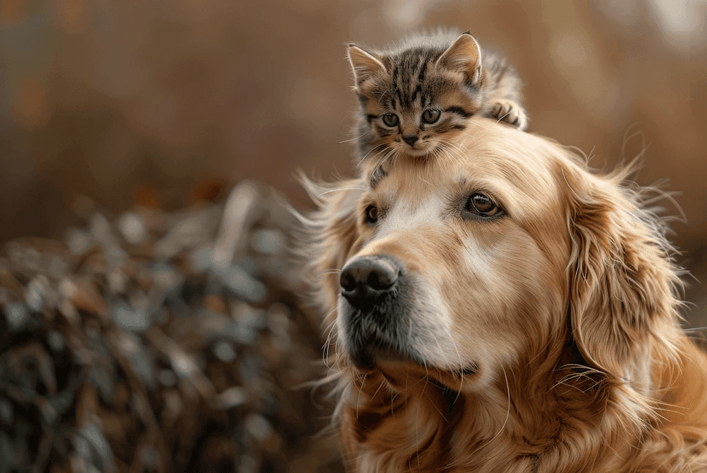 Friendly dog with a small kitten resting on its head, symbolizing animal rescue and companionship.