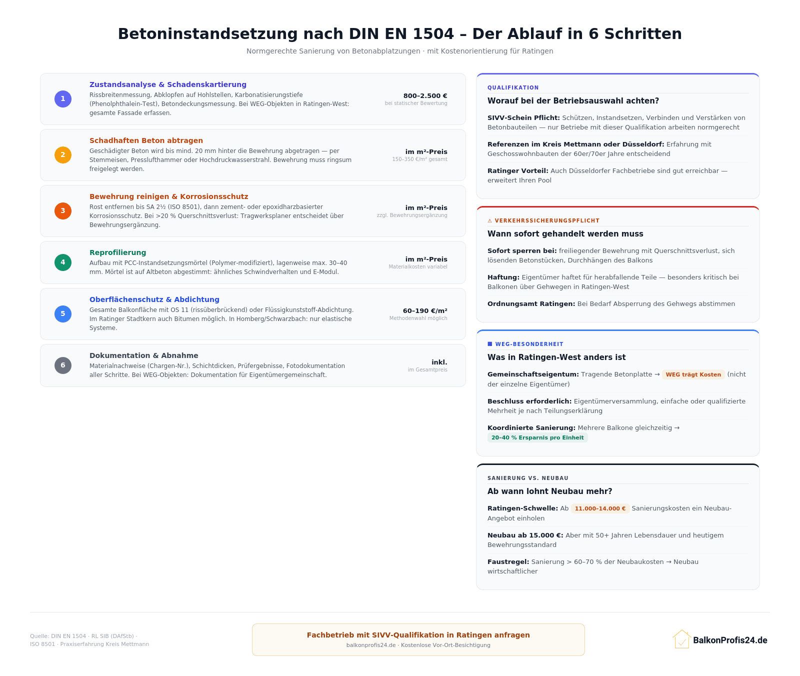 Infografik: Betoninstandsetzung nach DIN EN 1504 in 6 Schritten – mit Info-Boxen zu SIVV-Qualifikation, Verkehrssicherungspflicht, WEG-Besonderheit in Ratingen-West und Abwägung Sanierung vs. Neubau