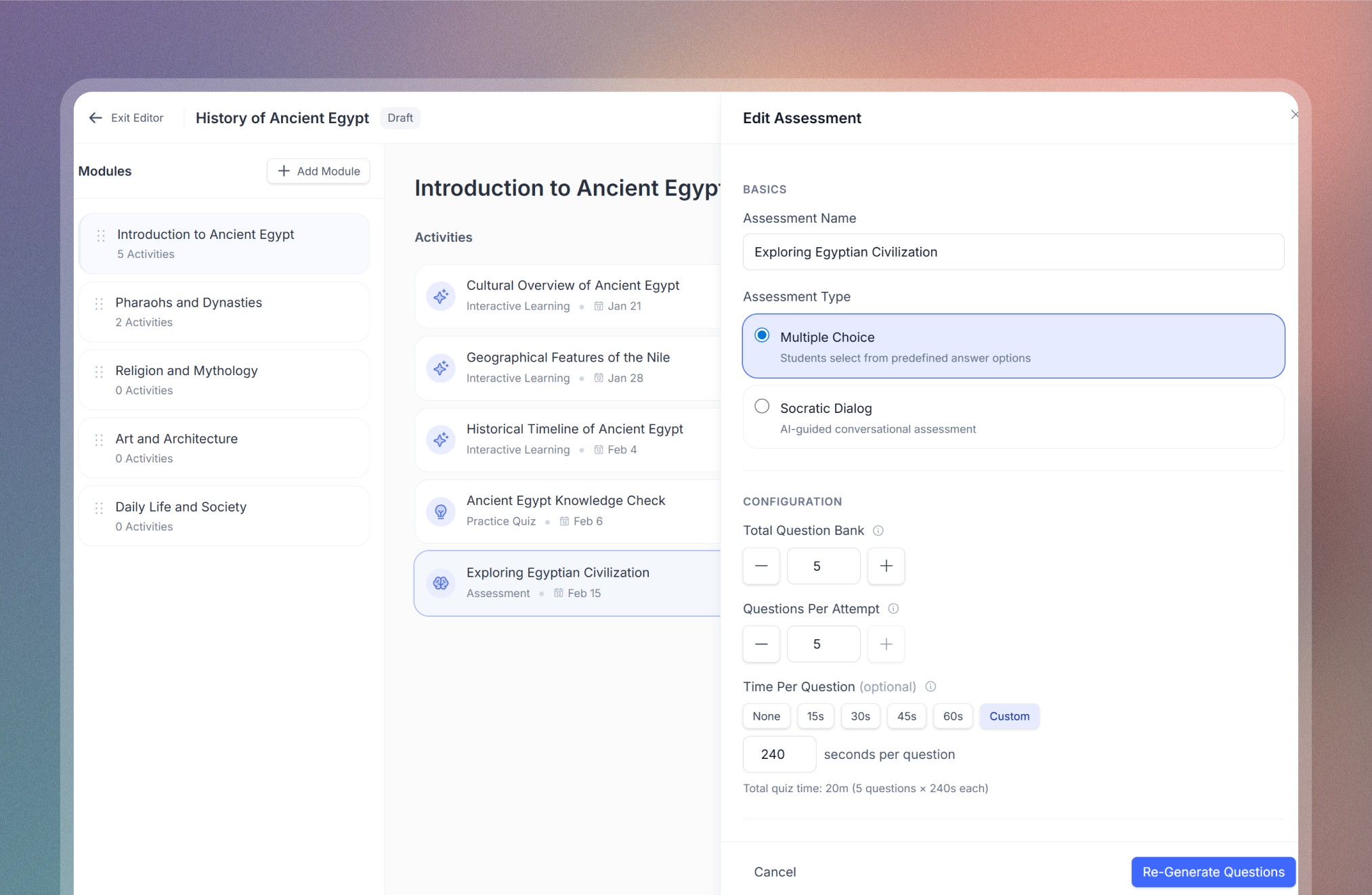 Axio’s Course Builder interface showing drag-and-drop tools and a sample cybersecurity course with modules, assignments, and interactive learning experiences.