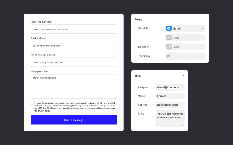 Framer contact form UI with input fields and panels for email recipient, redirection, and submission notification settings.