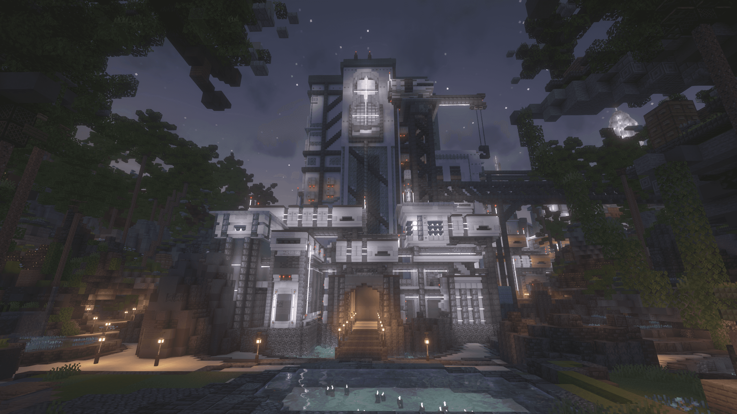 Created by Dexity, a Minecraft service build team that is an official Minecraft partner. a 600x600 cyberpunk 2077 themed spawn that functions as a lobby surrounded by lush terrain in a warzone that contains many regions and biomes