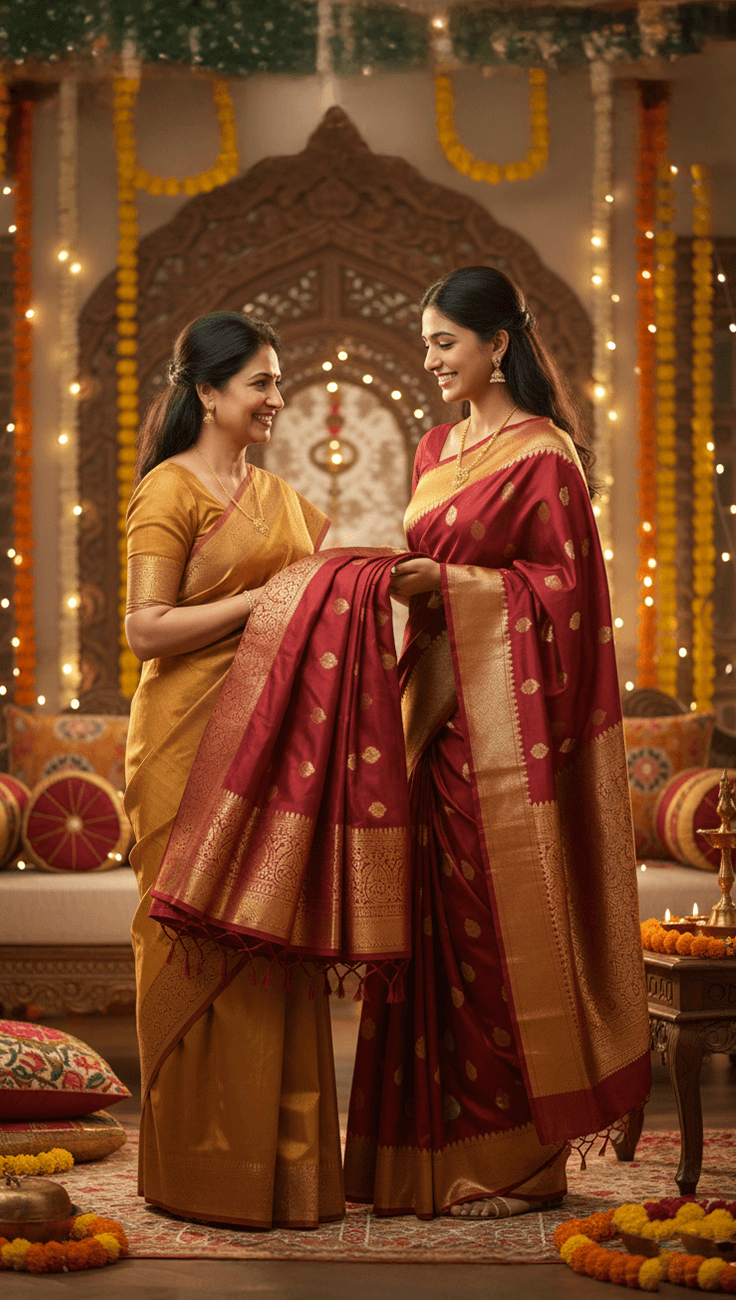 A woman neatly folding a vintage silk saree and storing it in a protective cloth bag, symbolizing care and preservation of treasured heirloom sarees.
