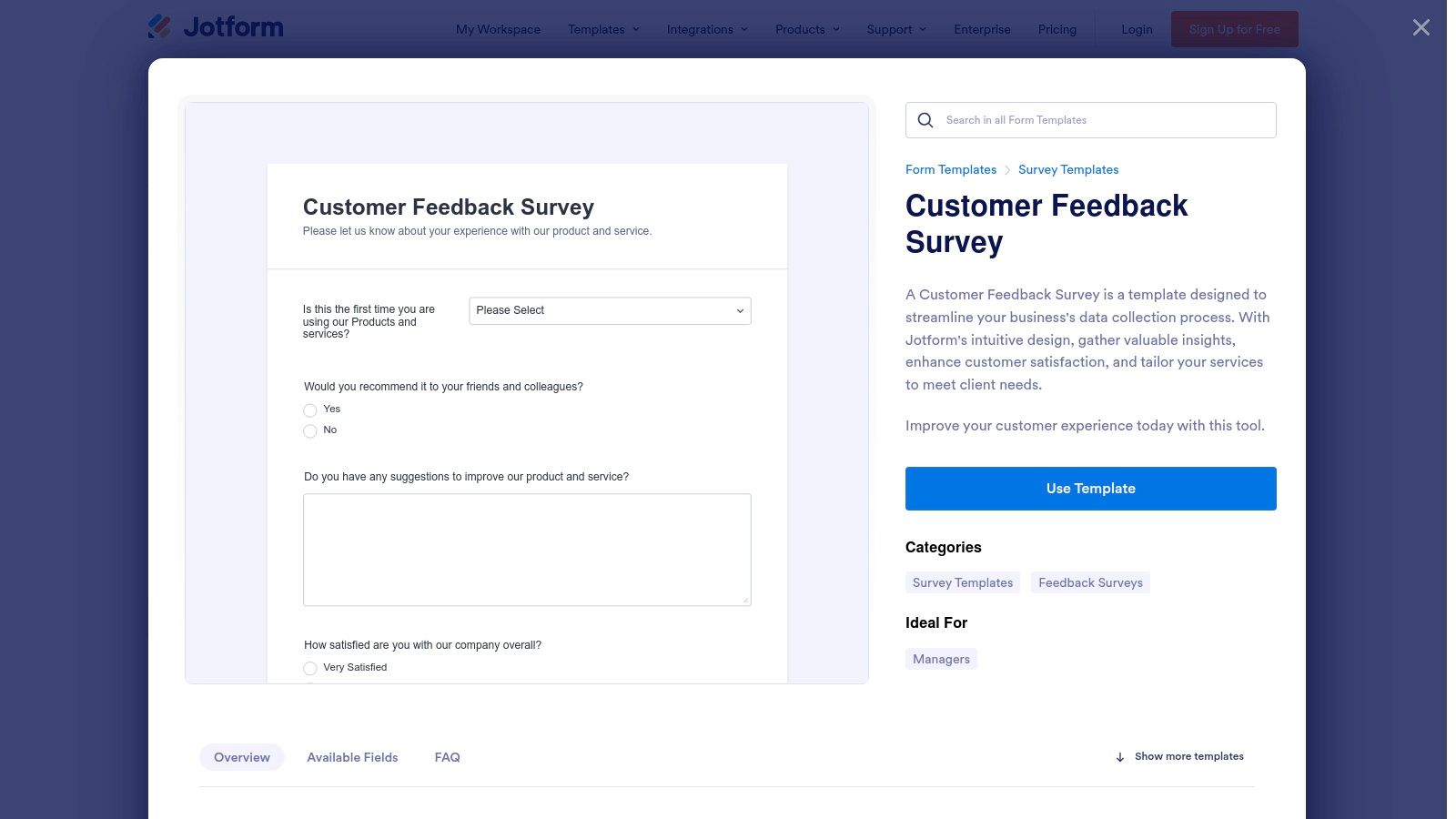 A screenshot of Jotform's template gallery, showing various customer feedback form examples with a clean, grid-based layout.