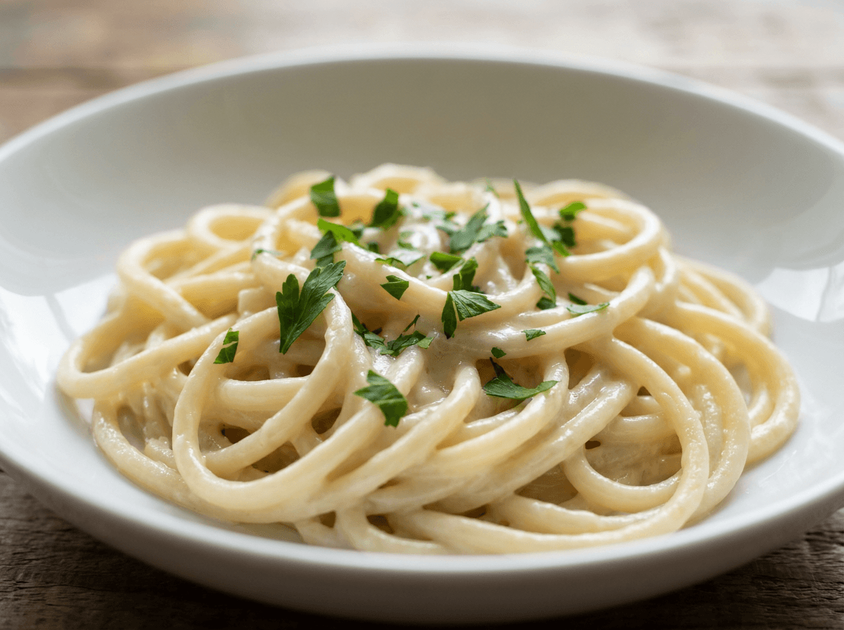 Hearts of palm pasta in white bowl with creamy Alfredo sauce, low carb pasta alternative