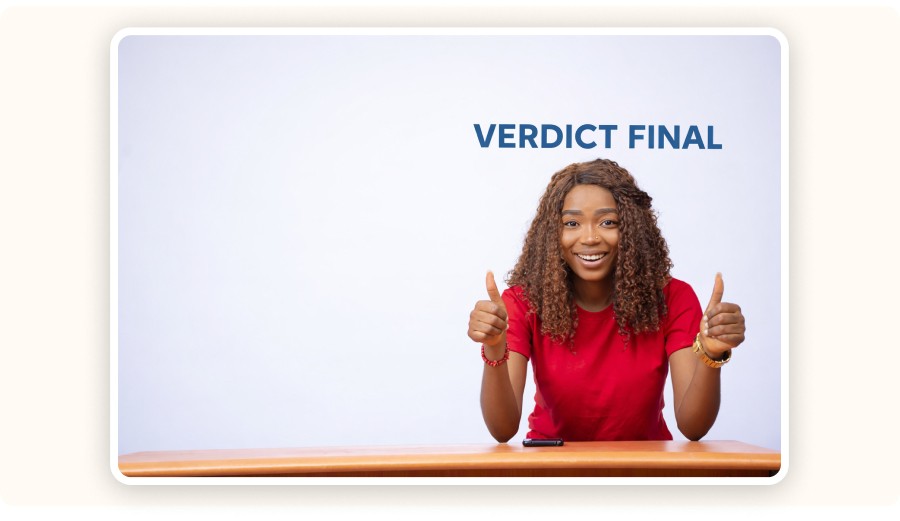 Smiling woman giving thumbs up with “Verdict final” text beside her