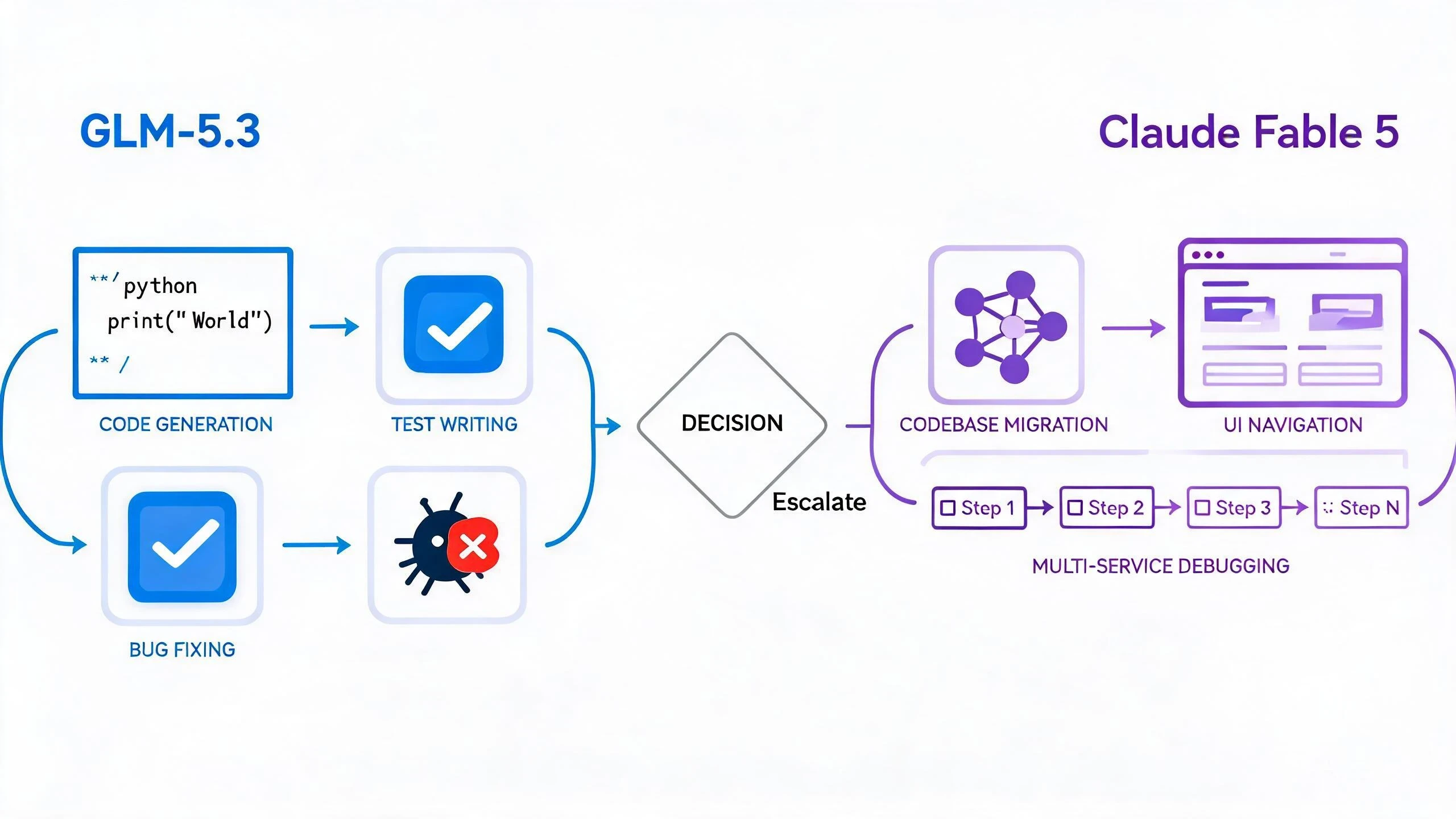 GLM-5.3 handling structured text tasks vs Claude Fable 5 handling complex long-running agent tasks with escalation