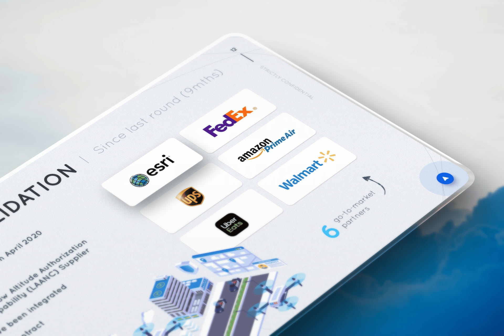 Airspace Link pitch deck validation slide mockup showing six go-to-market partners including Esri, FedEx, Amazon Prime Air, UPS, Walmart, and Uber Eats logos on white cards, with "Since last round (9mths)" header and isometric smart city drone delivery illustration