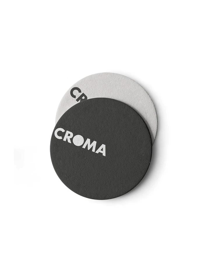 Black and grey Croma coasters, brand identity design by Sebastian Saavedra