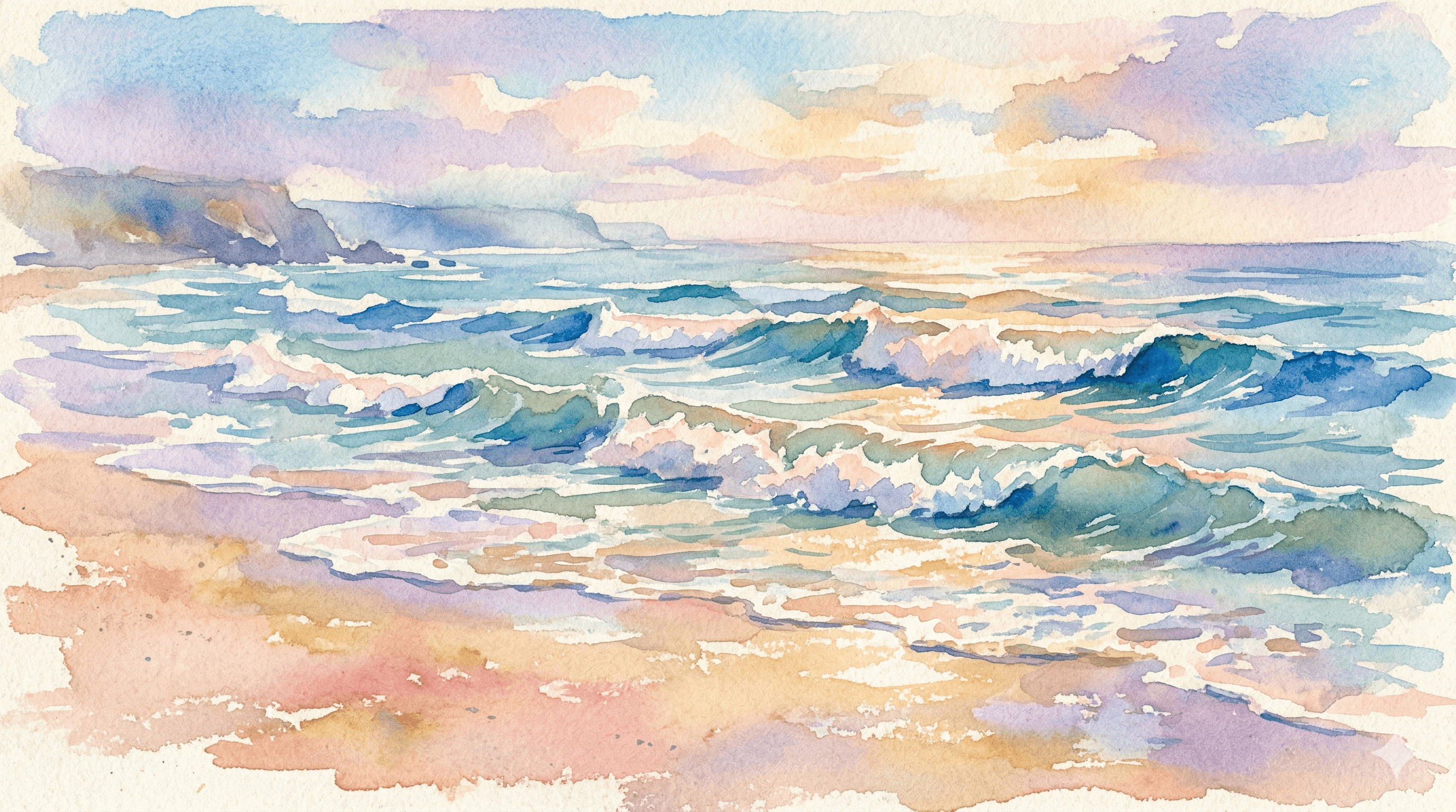 Watercolor rhythmic ocean waves arriving on a warm shore in different blues