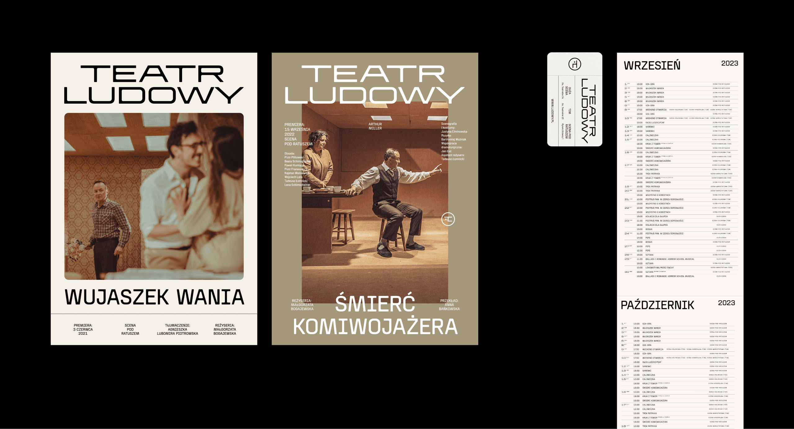 Na czarnej planszy dwa plakaty „WUJASZEK WANIA” i „ŚMIERĆ KOMIWOJAŻERA” obok biletów oraz kart repertuaru.