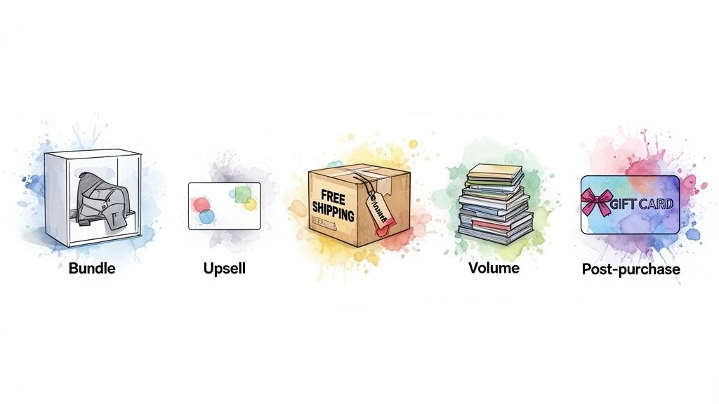 Illustrations of five marketing strategies: bundle, upsell, free shipping, volume, and post-purchase.