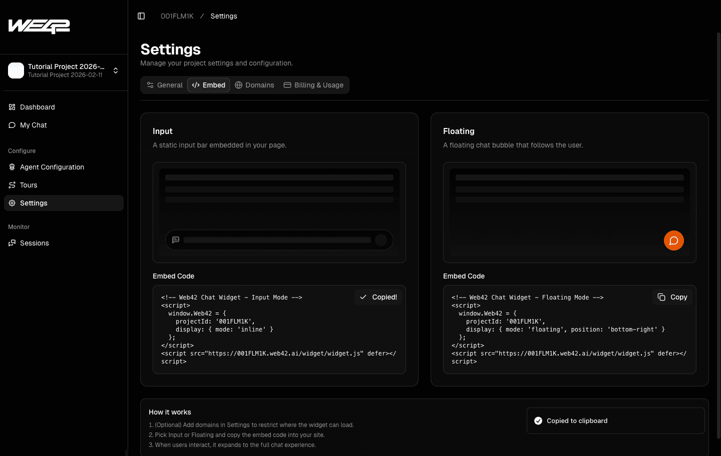 Copy widget snippet for project
