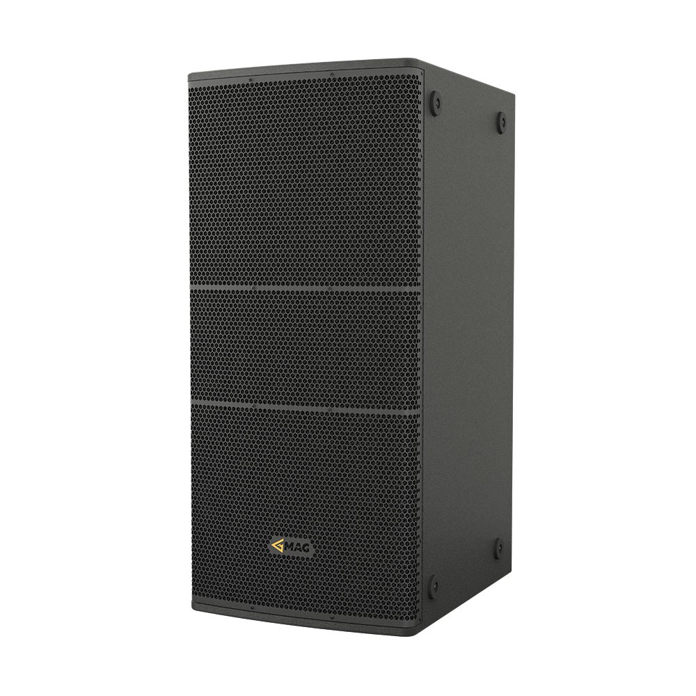 Black rectangular speaker cabinet with perforated grille and logo.