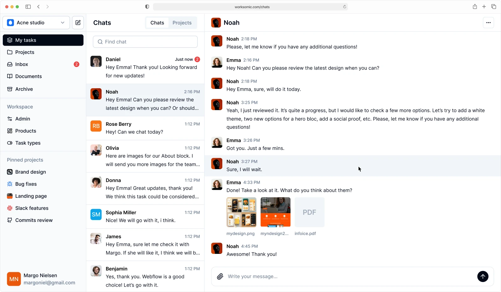 Worksomic chat UI screen