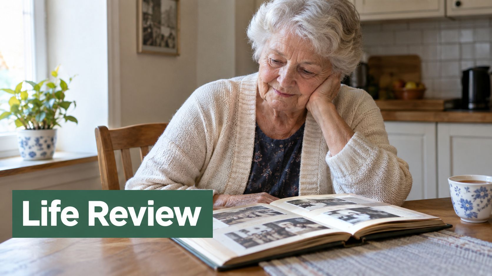 An elderly woman with white hair sitting at a table looking through a vintage photo album.