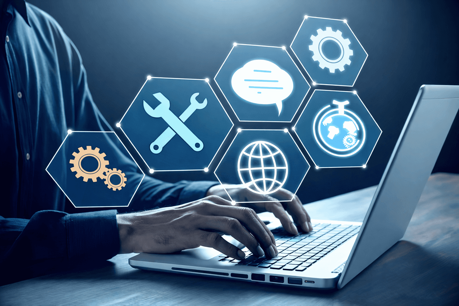 IT professional typing on a laptop with virtual technology support icons, representing global tech support and digital services.