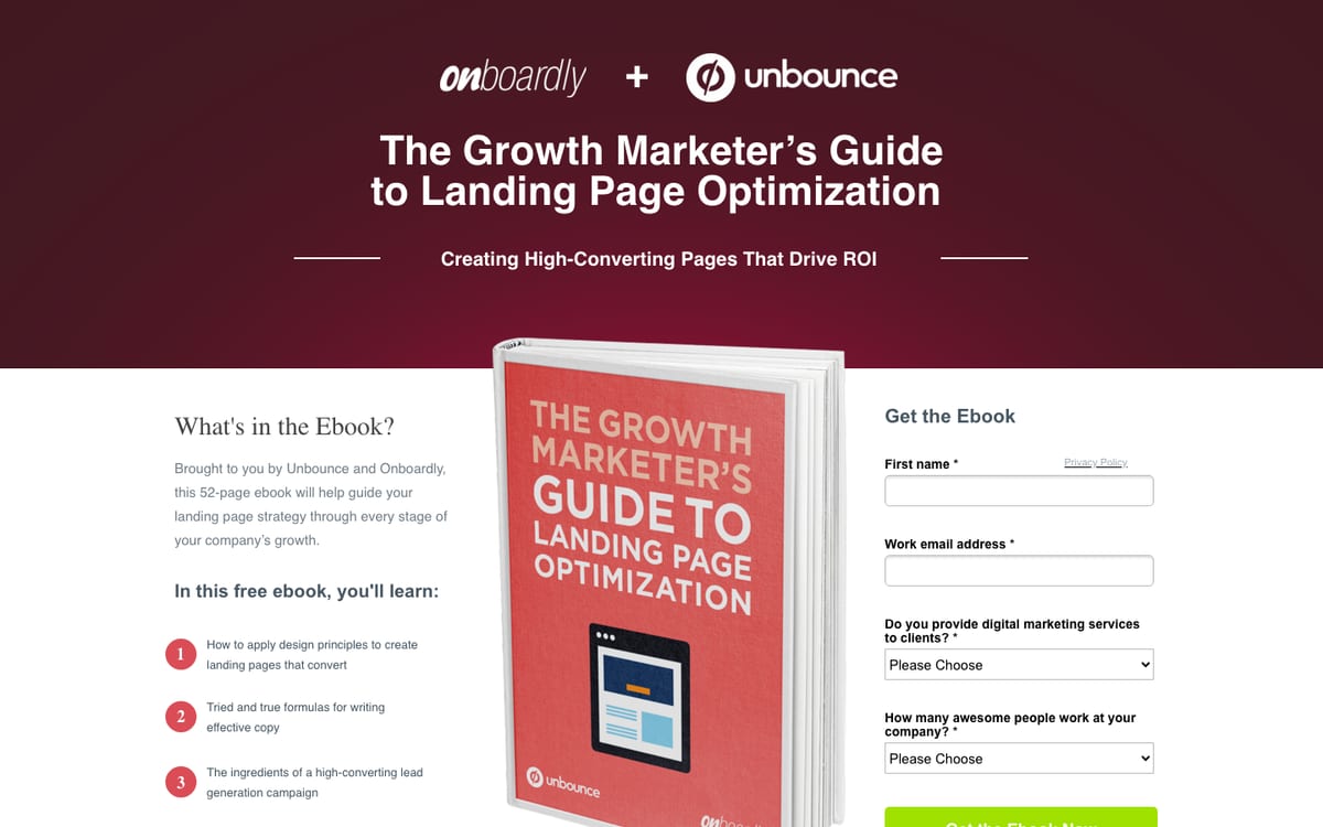 Unbounce landing page for The Growth Marketer’s Guide to Landing Page Optimization