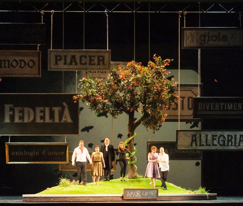 Cast gathered around a symbolic tree on a colourful set in Cosi fan tutte.