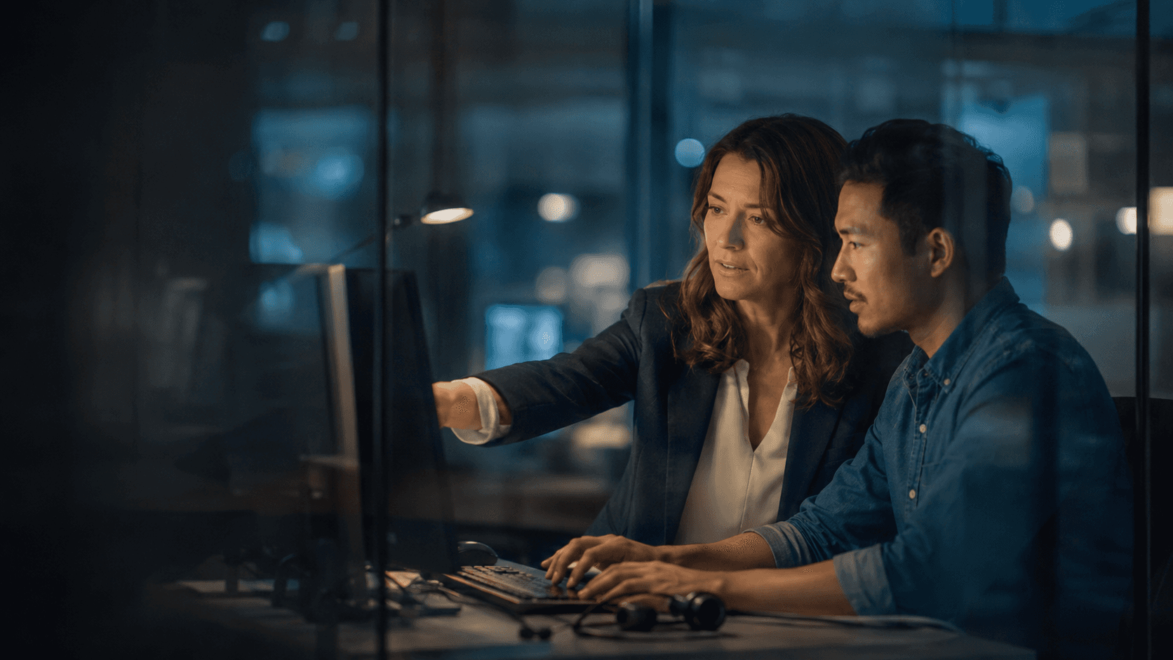 A team leader and service specialist review a customer workflow together.