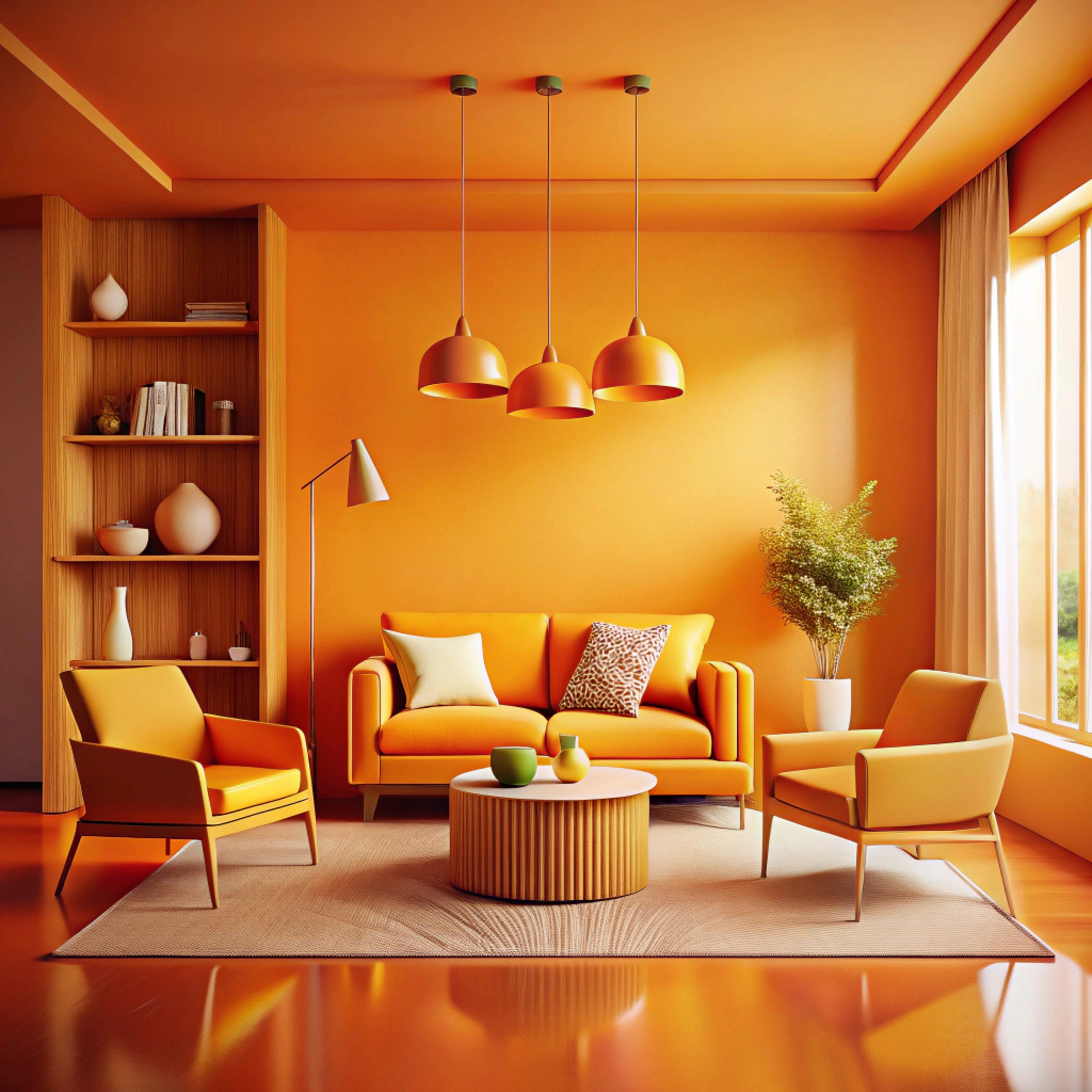Sunlit orange chair on wooden floor near staircase.