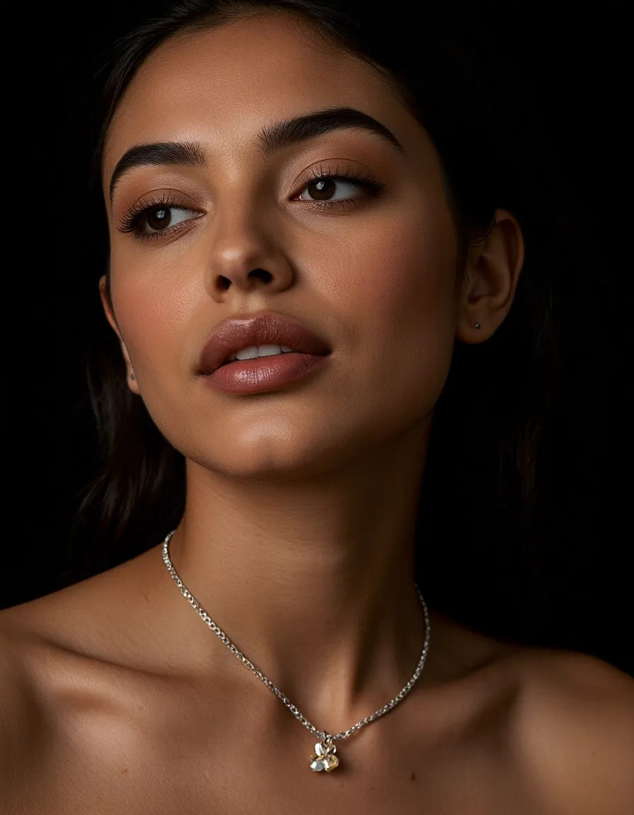 Close-up portrait with delicate lighting highlighting natural beauty, featuring subtle makeup and a dainty silver necklace against dark background