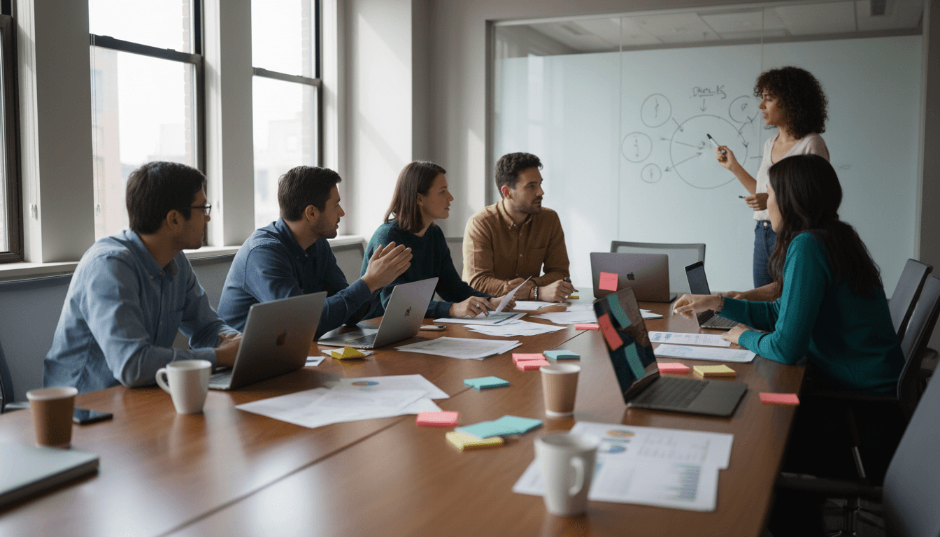 営業資料の更新プロセスを示すワークフローとチームミーティング風景