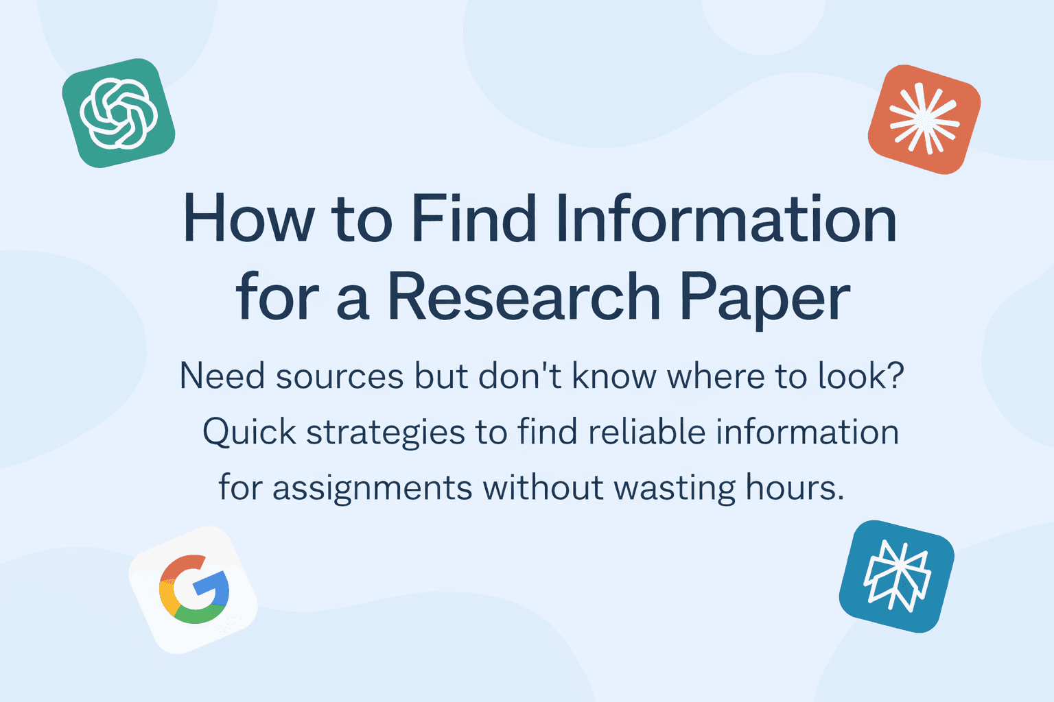 Image of a research guide, How to Find Information for a Research Paper, abstract background with search and AI icons.